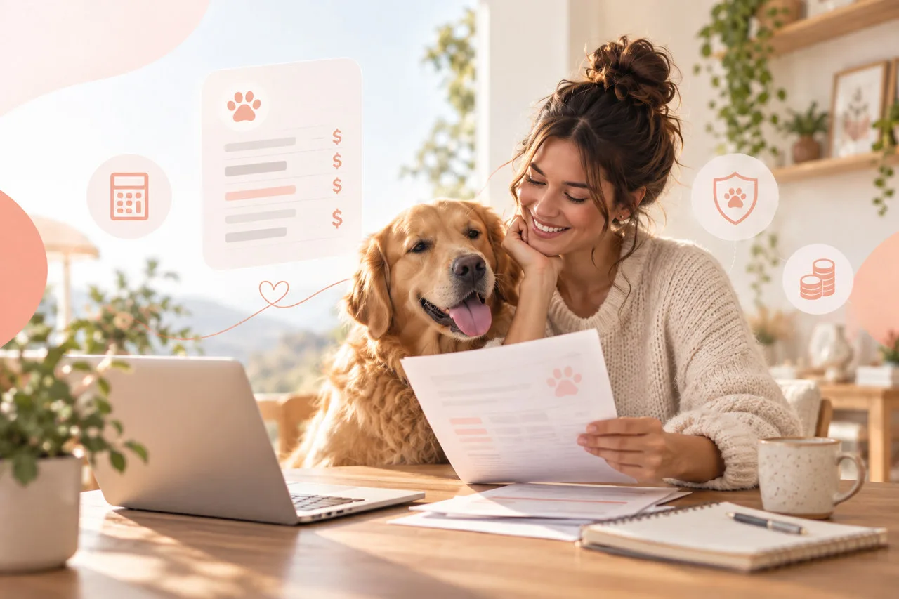 Owner reviewing a document beside a dog and laptop